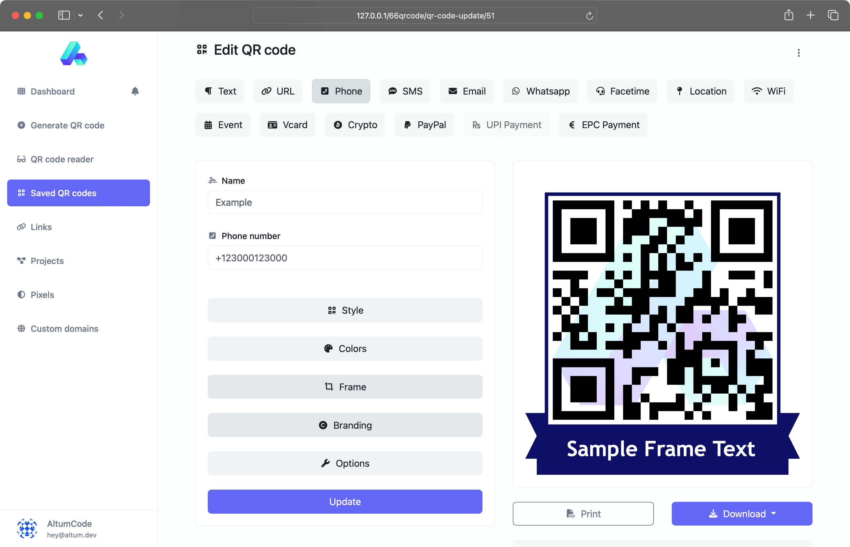 Capture d'écran de la page du générateur de code QR
